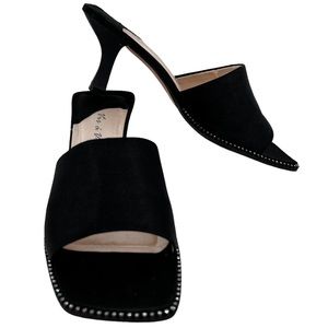 Vis a Vie Black Satin Mule Slide Kitten Heel Leather Sole Rhinestones around toe